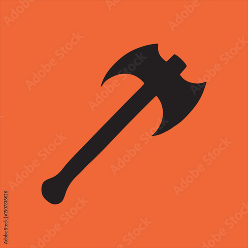 Black double bit axe icon on orange background