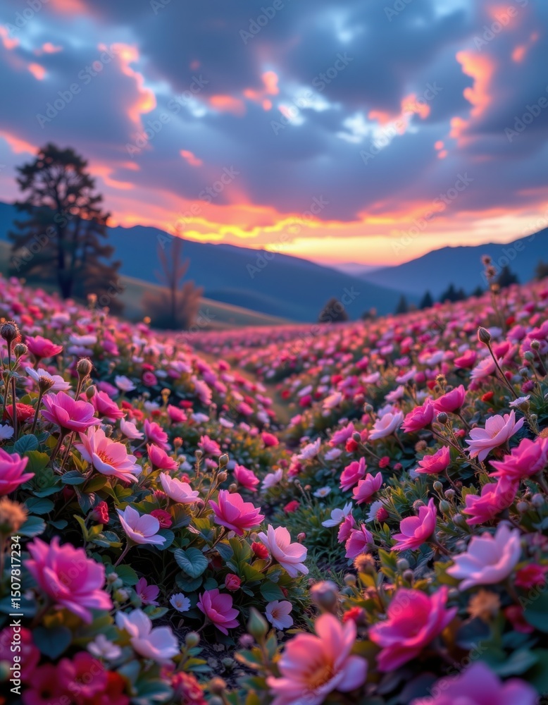 Obraz premium A vibrant field of blooming pink flowers stretches toward distant mountains under a dramatic, colorful sunset sky.
