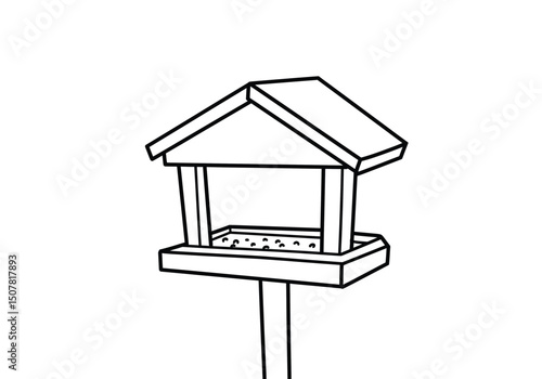 Bird feeder drawing. This black and white outline illustrates a classic bird feeder, a structure designed to provide food for wild birds. Vector sketch line art draw.