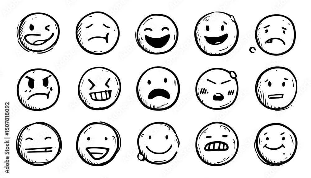 Hand Drawn Doodle Emoji Face Icon Set � Sketch Style Emotion Mood Happy, Sad, Smile Vector Illustration Hand Drawn Doodle Emoji Face Icon Set � Sketch Style Emotion Mood Happy, Sad, Smile Vector Illustration