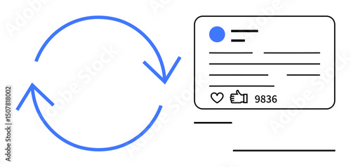 Circular arrows next to a social media post with thumbs ups and comments, symbolizing refresh and engagement. Ideal for content updates, social media insights, marketing, branding, feedback