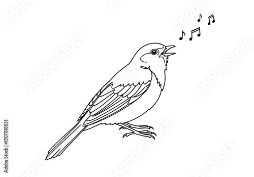 Bird singing drawing. This black and white outline shows a small bird with its beak open, suggesting it's singing, a common and joyful sound of nature. Vector sketch line art draw.