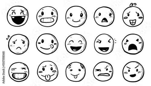 Hand Drawn Doodle Emoji Face Icon Set � Sketch Style Emotion Mood Happy, Sad, Smile Vector Illustration