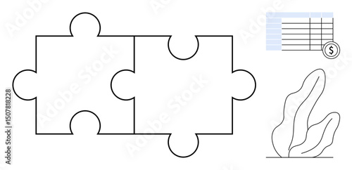 Two interlocking puzzle pieces, a financial spreadsheet with a dollar sign, and an abstract leaf-thumbs up plant. Ideal for collaboration, problem solving, financial planning, data analysis