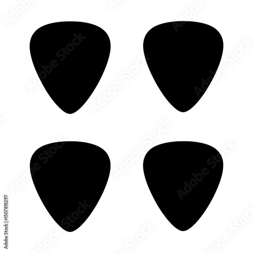 Set of Four Black Guitar Pick Icons Representing Musical Instruments and Guitar Accessories