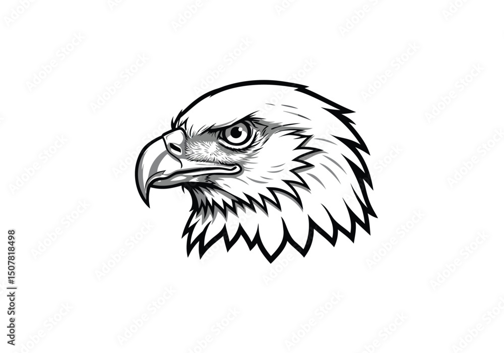 Fototapeta premium Eagle head drawing. This black and white outline focuses on the detailed head of an eagle, highlighting its sharp beak and intense gaze. Vector sketch line art draw.