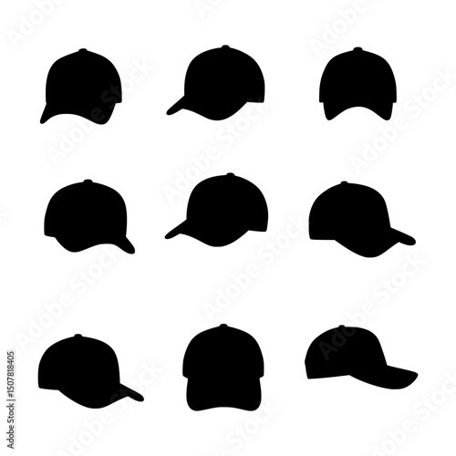 Collection of Black Baseball Cap Silhouettes Representing Sportswear and Casual Headwear