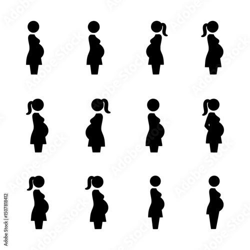 Collection of Black Pregnant Woman Stick Figure Icons Representing Pregnancy Stages and Maternity
