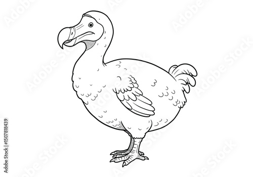 Dodo bird drawing. This black and white outline illustrates a dodo bird, a well-known extinct flightless bird from Mauritius. Vector sketch line art draw.