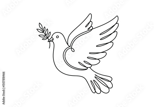 Dove of peace drawing. This black and white outline features a dove in flight holding an olive branch, widely recognized as a symbol of peace. Vector sketch line art draw.