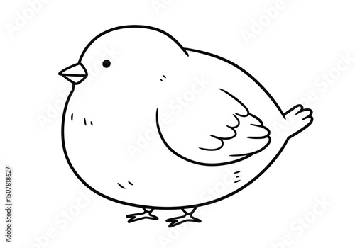 Fat bird drawing. This black and white outline depicts a plump, round, and cute bird, reminiscent of a baby chick. Vector sketch line art draw.