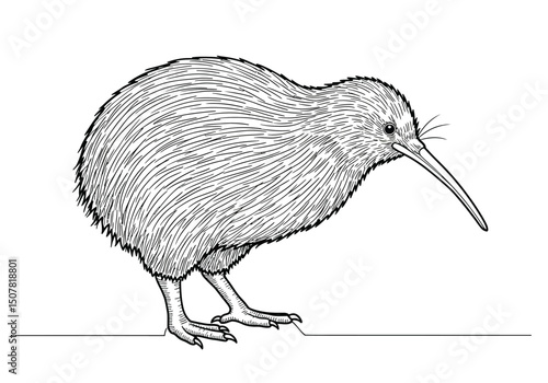 Kiwi bird drawing. A black outline illustrates a kiwi bird, a unique flightless bird native to New Zealand, characterized by its long beak and furry appearance. Vector sketch line art draw.