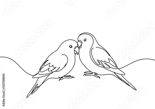 Lovebird drawing. This black and white outline illustrates two lovebirds perched together, symbolizing affection and companionship. Vector sketch line art draw.