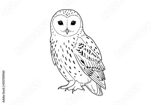 Snowy owl drawing. This black and white outline features a snowy owl, a large Arctic bird known for its striking white plumage and piercing eyes. Vector sketch line art draw.