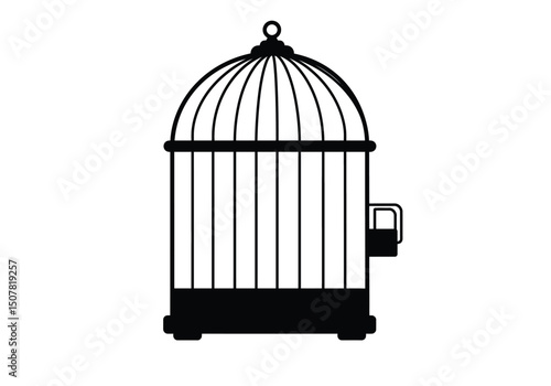 Bird cage drawing. This black silhouette depicts a classic bird cage, an empty container with bars and a domed top, often symbolizing confinement or home. Vector sketch line art draw.