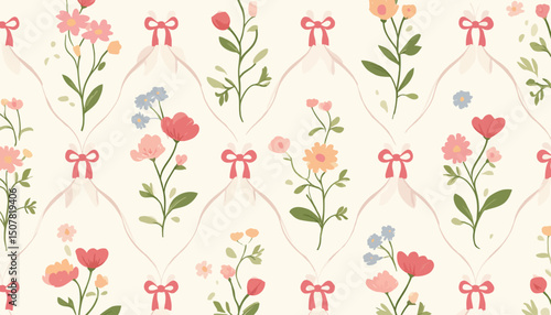 Floral Trellis Seamless Pattern with Bows Ribbons Vintage Botanical Design for Fabric Wallpaper Wrapping Paper