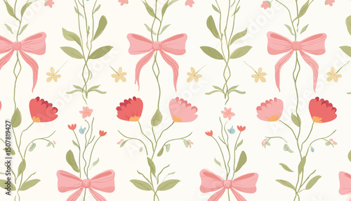 Floral Trellis Seamless Pattern with Bows and Ribbons Preppy Spring Summer Hand Drawn Flowers Botanical Elegant Vintage Fabric and Wallpaper Design
