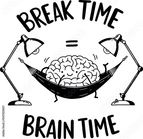 Brain resting in hammock between two lamps with break time concept illustration