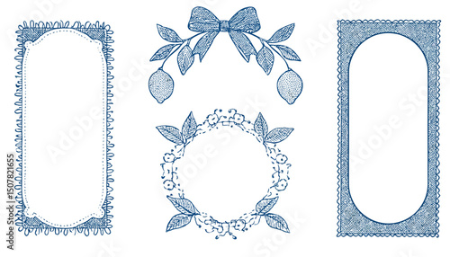Hand Drawn Lemon Doodle Frames with Leaves Waves and Bows Vintage Blue Ornament Borders for Wedding Invitations Greeting Cards and Picnic Menus Vector Illustration