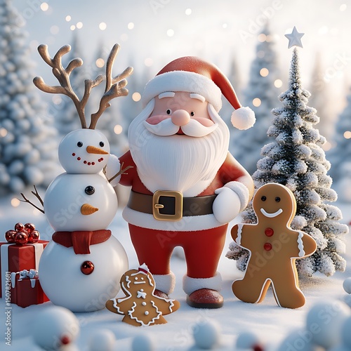 Festive winter scene with santa, snowman, and gingerbread man.