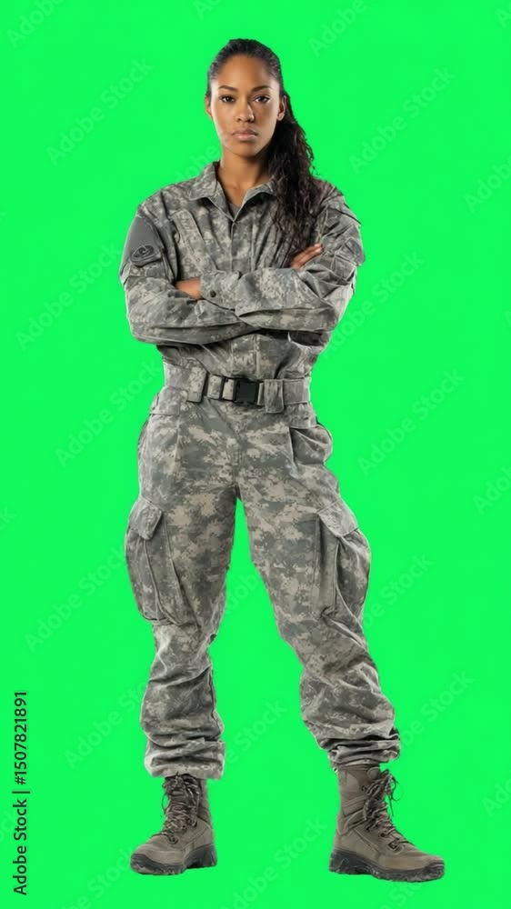 Confident Female Soldier in Military Camouflage Uniform with Arms Crossed Against Green Background Confident Female Soldier in Military Camouflage Uniform with Arms Crossed Against Green Background