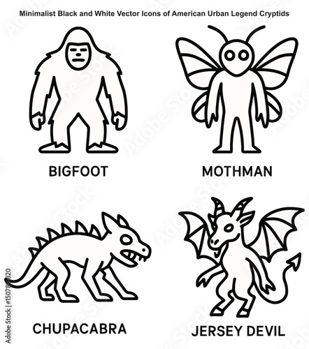 Minimalist Black and White Vector Icons of American Urban Legend Cryptids
