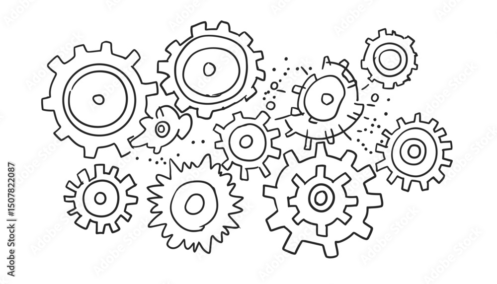 Hand Drawn Gear Set � Doodle Sketch Style Gear Mechanism Illustrating Business Idea, Teamwork, and Progress Concept, Doodle Cog Vector Illustration. Hand Drawn Gear Set � Doodle Sketch Style Gear Mechanism Illustrating Business Idea, Teamwork, and Progress Concept, Doodle Cog Vector Illustration.