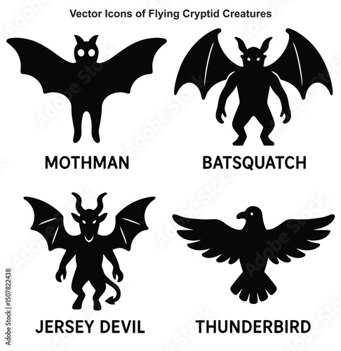 Minimalist Black and White Vector Icons of Flying Cryptid Creatures – Mothman, Batsquatch, Jersey Devil, Thunderbird