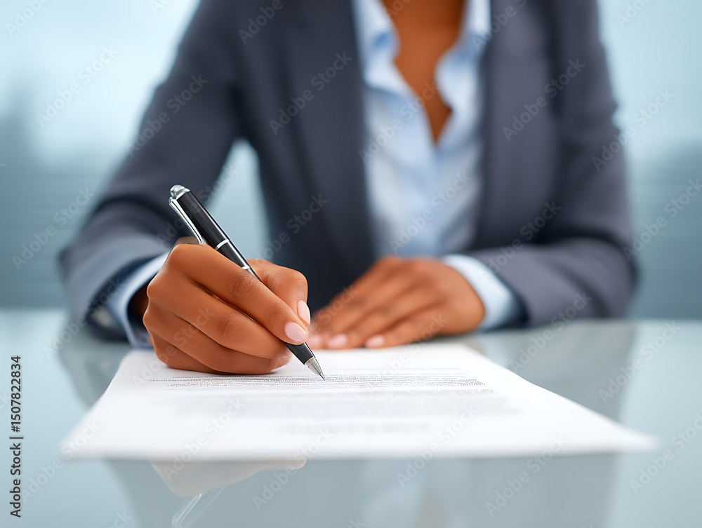 woman holding pen over a contract document woman holding pen over a contract document