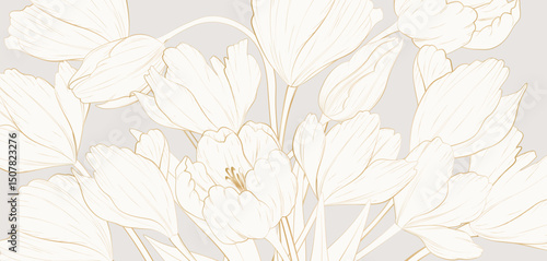 Luxury light art background with a bouquet of flowers in a golden line art style. Botanical flower banner for decor, print, poster, wallpaper, textile, packaging, print, interior design.