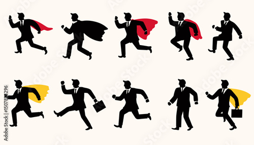 Superhero Businessman Pictogram Icon Set � Flying Stick Figure, Victory Worker, Employer Vector Illustration