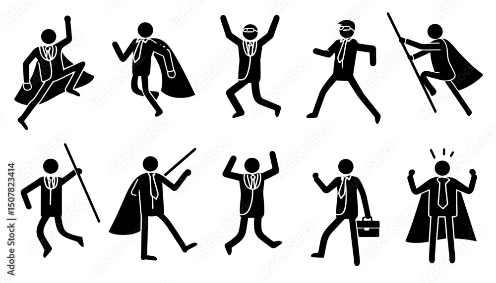 Obraz premium Superhero Businessman Icon Set � Flying Stick Figure Pictograms of Victory Worker, Employer and Corporate Hero Vector Illustrations