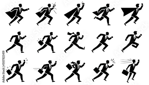 Superhero Businessman Icon Set � Flying Stick Figure Pictograms of Victory Worker, Employer and Corporate Hero Vector Illustrations
