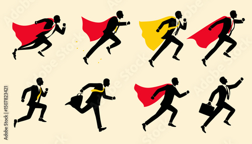 Superhero Businessman Pictogram Icon Set � Flying Stick Figure, Victory Worker, Employer Vector Illustration