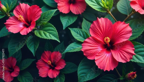 Vibrant hibiscus blooms, lush leaves, repeating pattern , floral design, retro