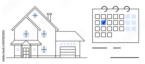 Large two-story home, garage, windows, and chimney next to a calendar with marked day. Ideal for planning, appointments, real estate, scheduling time management home purchase mortgage. Flat simple