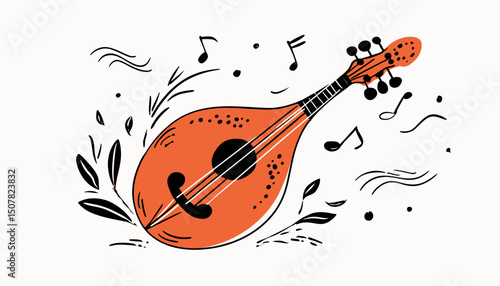Traditional mandolin string instrument hand drawn in minimalist flat style using orange and black colors, surrounded by gray creative ornaments and musical notes symbolizing music creation.