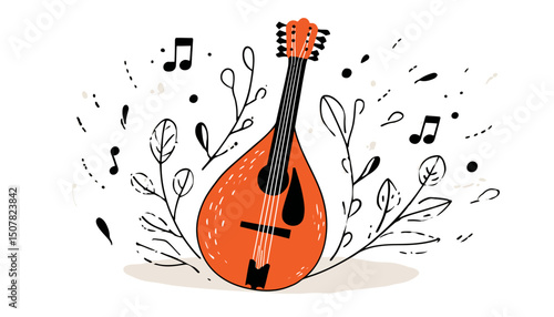 Traditional mandolin string instrument hand drawn in minimalist flat style using orange and black colors, surrounded by gray creative ornaments and musical notes symbolizing music creation.