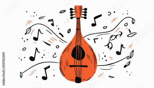 Traditional mandolin string instrument hand drawn in minimalist flat style using orange and black colors, surrounded by gray creative ornaments and musical notes symbolizing music creation.