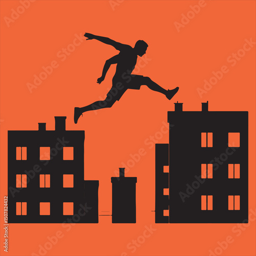 Silhouette of man jumping between buildings