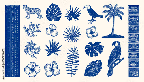 Tropical Jungle Sticker Set � Framed Geometric Patterns with Exotic Animals, Palms, and Hibiscus Flowers