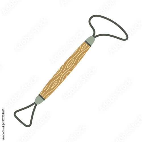 Professional pottery instrument, vector icon. Double-sided tool with wooden texture, metal loop for shaping clay, plasticine. Equipment for homemade sculpture, ceramic. Hobby device. Flat clipart