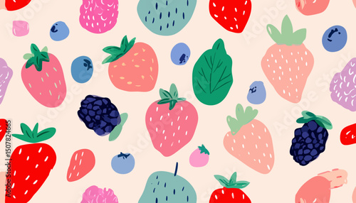 Abstract Seamless Berry Pattern � Hand Drawn Raspberry, Blueberry, Strawberry and Blackberry Design for Paper, Fabric and Covers Vector Illustration