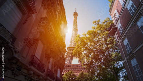 Fototapeta Naklejka Na Ścianę i Meble -  Sun shining on the Eiffel Tower seen from a Parisian street, with lush green trees and elegant buildings