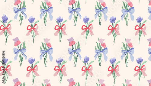 Vector Floral Seamless Pattern with Bows and Ribbons, Preppy Spring Summer Hand Drawn Flowers, Cute Modern Print for Fabric, Wallpaper, Wrapping Paper