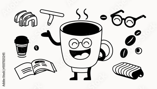 Vector Logo Design Template and Graphic Elements for Advertising and Branding Featuring Funny Cartoon Smiling Character Coffee Cup Mascot Print and Sticker