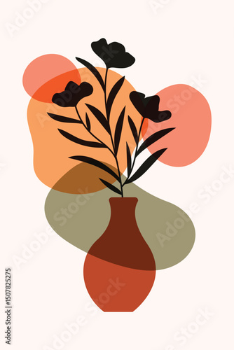 Boho Botanical Wall Art. Minimalist Plant Illustrations with Abstract Shapes. Modern aesthetic illustrations. Mid Century Modern design        