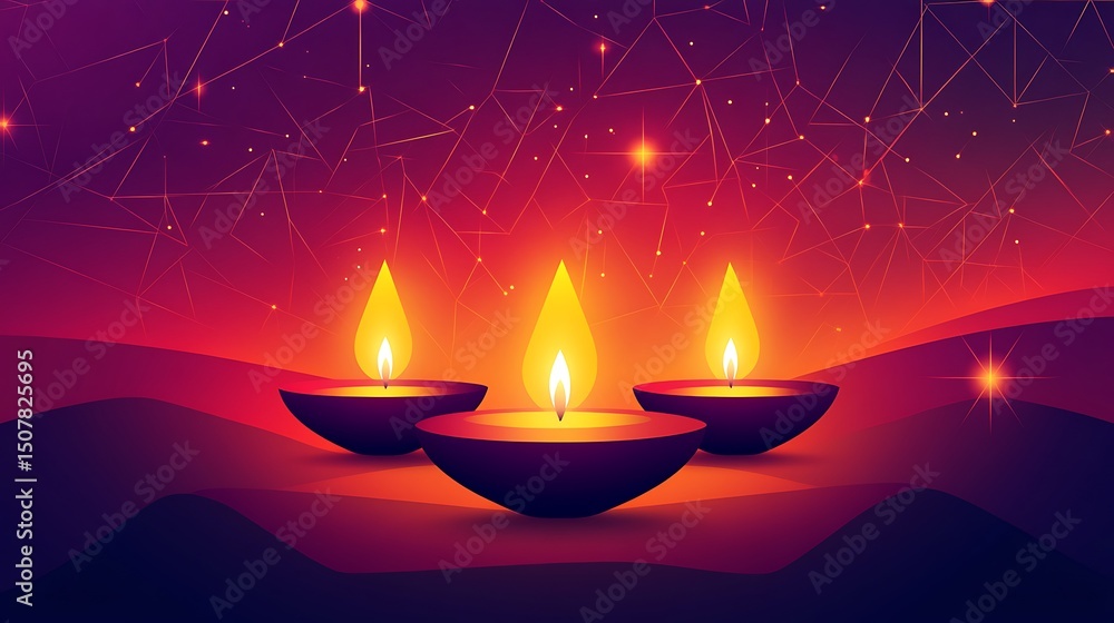 Illuminated oil lamps against a starry night backdrop. Illuminated oil lamps against a starry night backdrop.