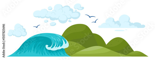 Cartoon summer landscape. Nature paradise island view, green hills, ocean wave and sky landscape flat vector illustration. Ocean view panorama