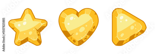 Golden game buttons. Cartoon gold stone frames and buttons, gravel rock gambling plates, golden rock stones signs flat vector illustration set. Stone buttons on white